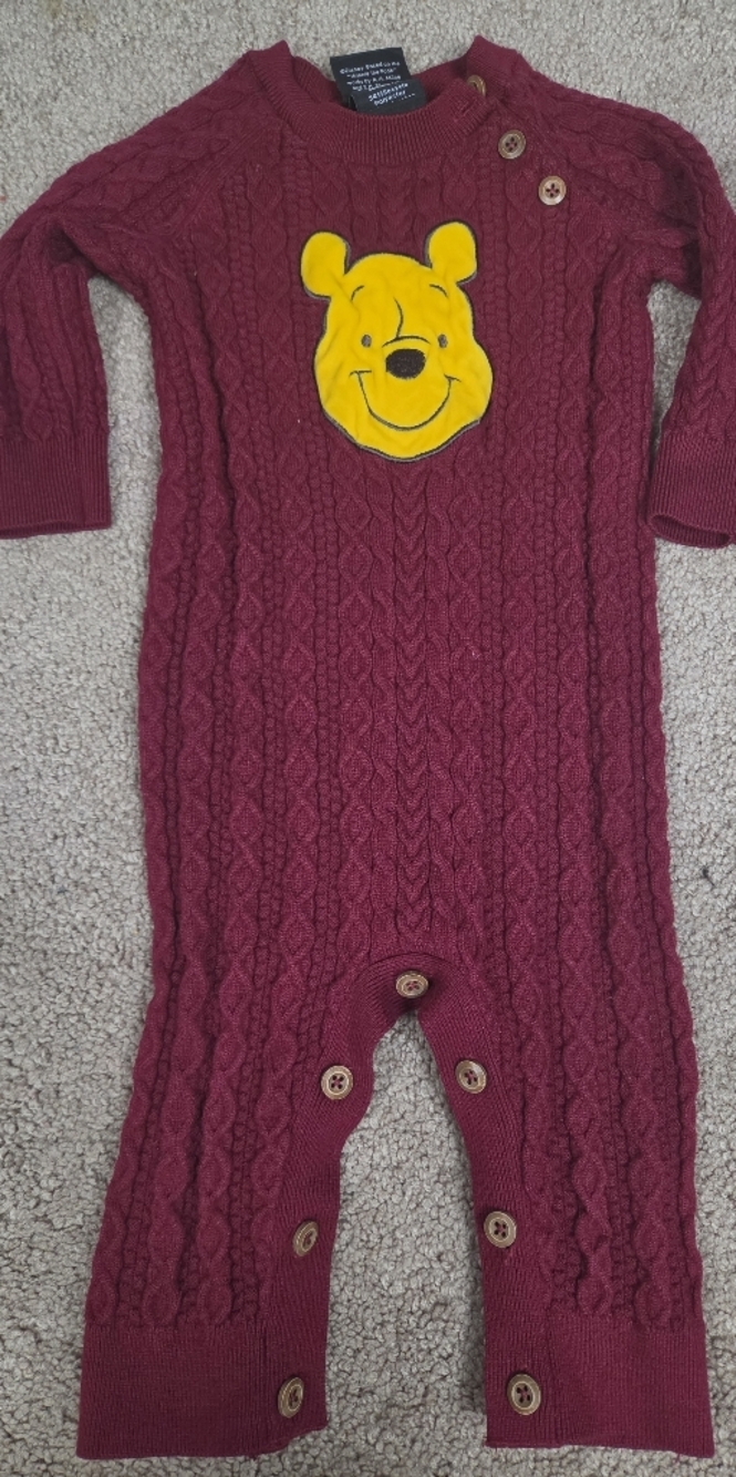 Disney Burgundy Cable Knit V-Neck Sweater with Yellow Winnie the Pooh Patch